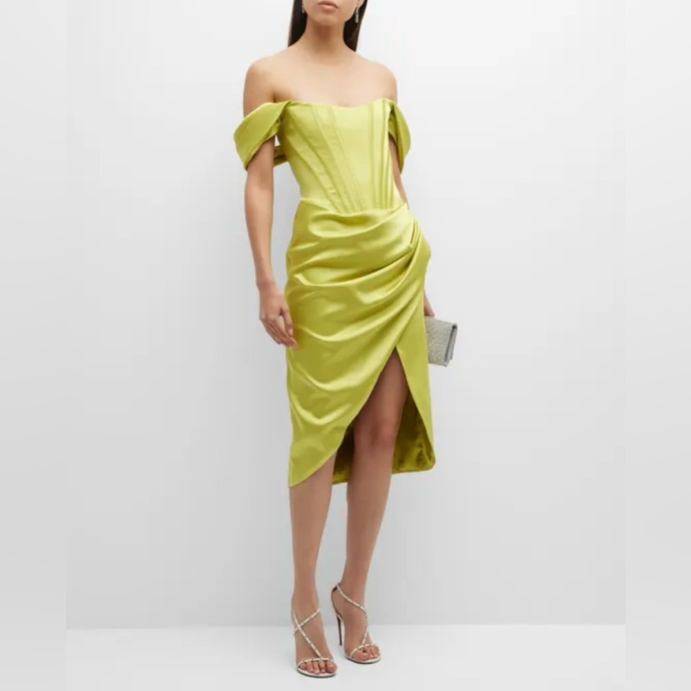 Gigii’s NWT Jasmin bodyshaper Draped Off-Shoulder Corset Midi Dress in Polyester